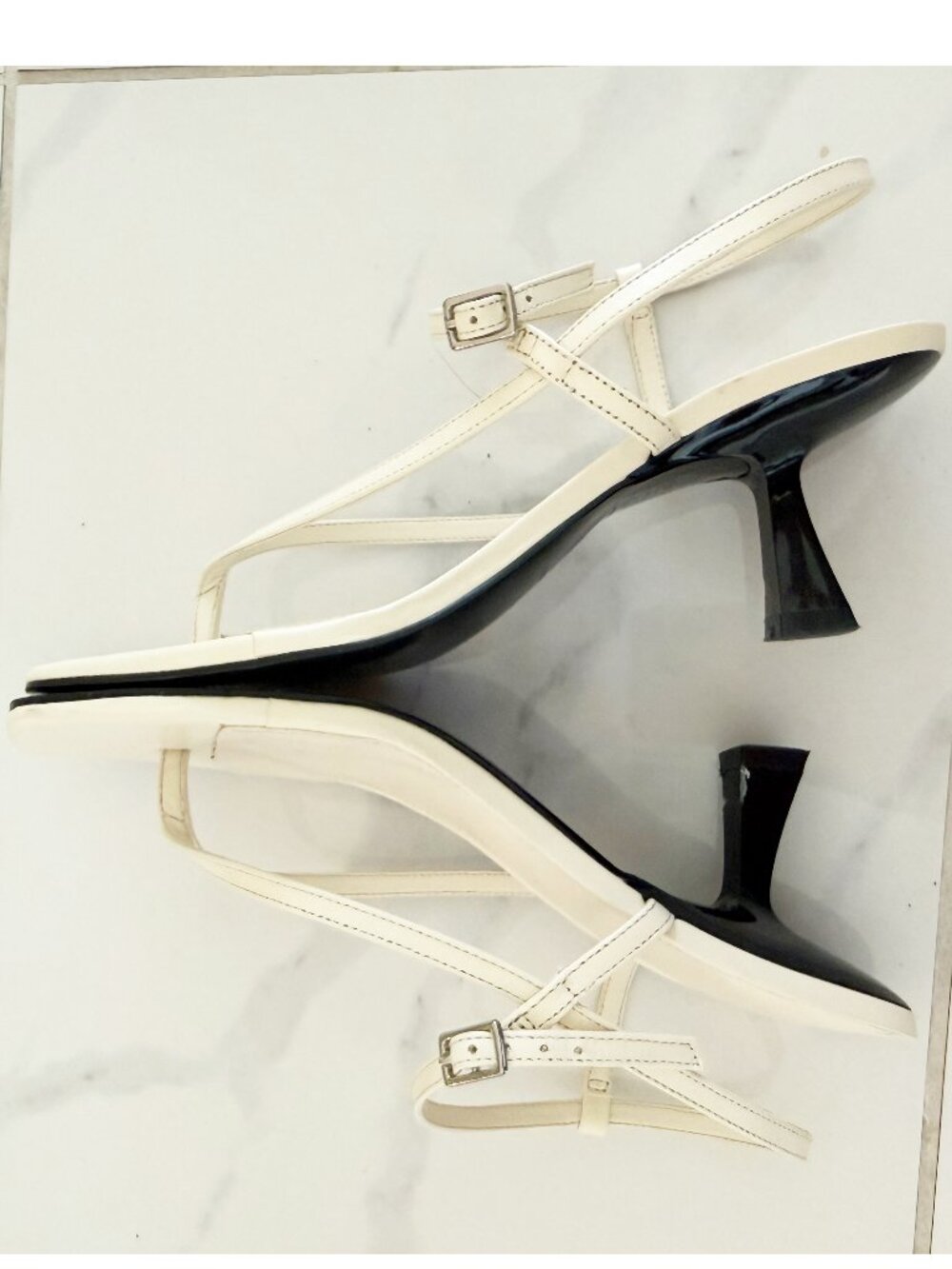 Marc Fisher LTD Calinda Beige Nude Leather Square Toe Kitten Heel Sandal 8.5M - Picture 5 of 11